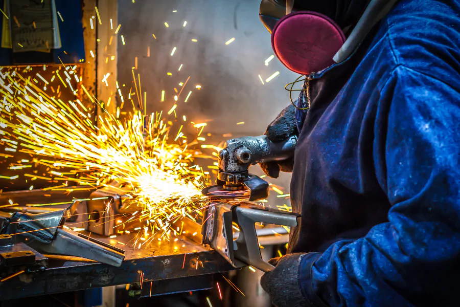 a worker cuts steel